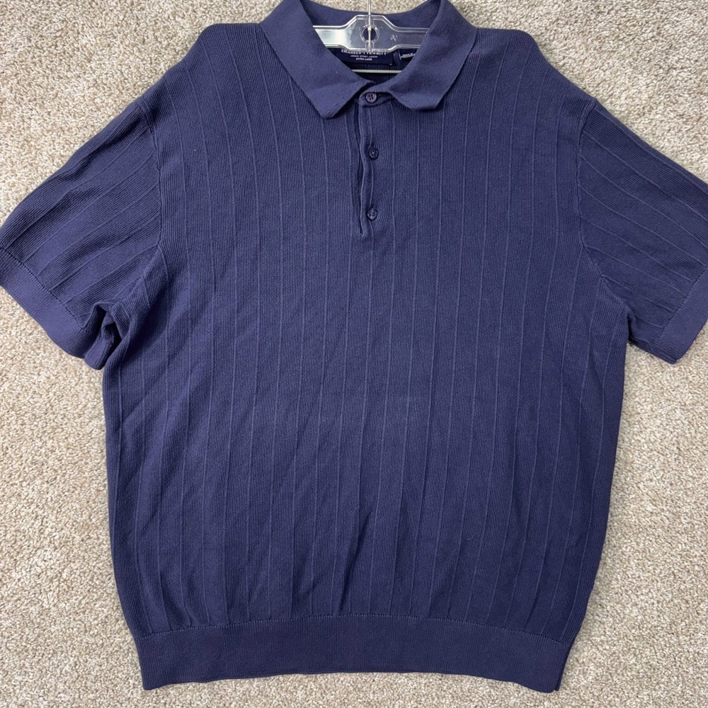 Charles Tyrwhitt Polo Men XL Ribbed Knit Navy Blue Short Sleeve Cotton EUC
